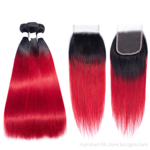 Royce Unprocessed Virgin Human hair bundles with Closure  Ombre Color hair bundles 1B Red